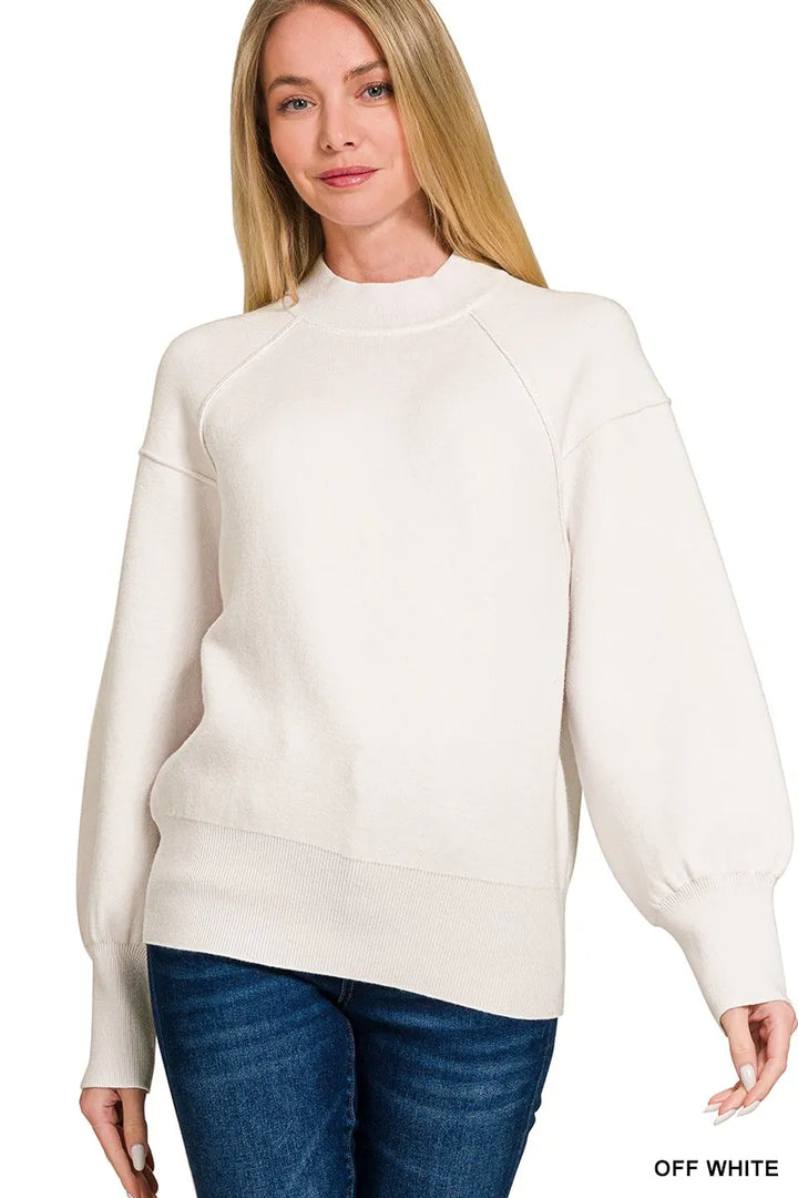Off White Zenana Viscose Mock Neck Exposed Seam Sweater 2