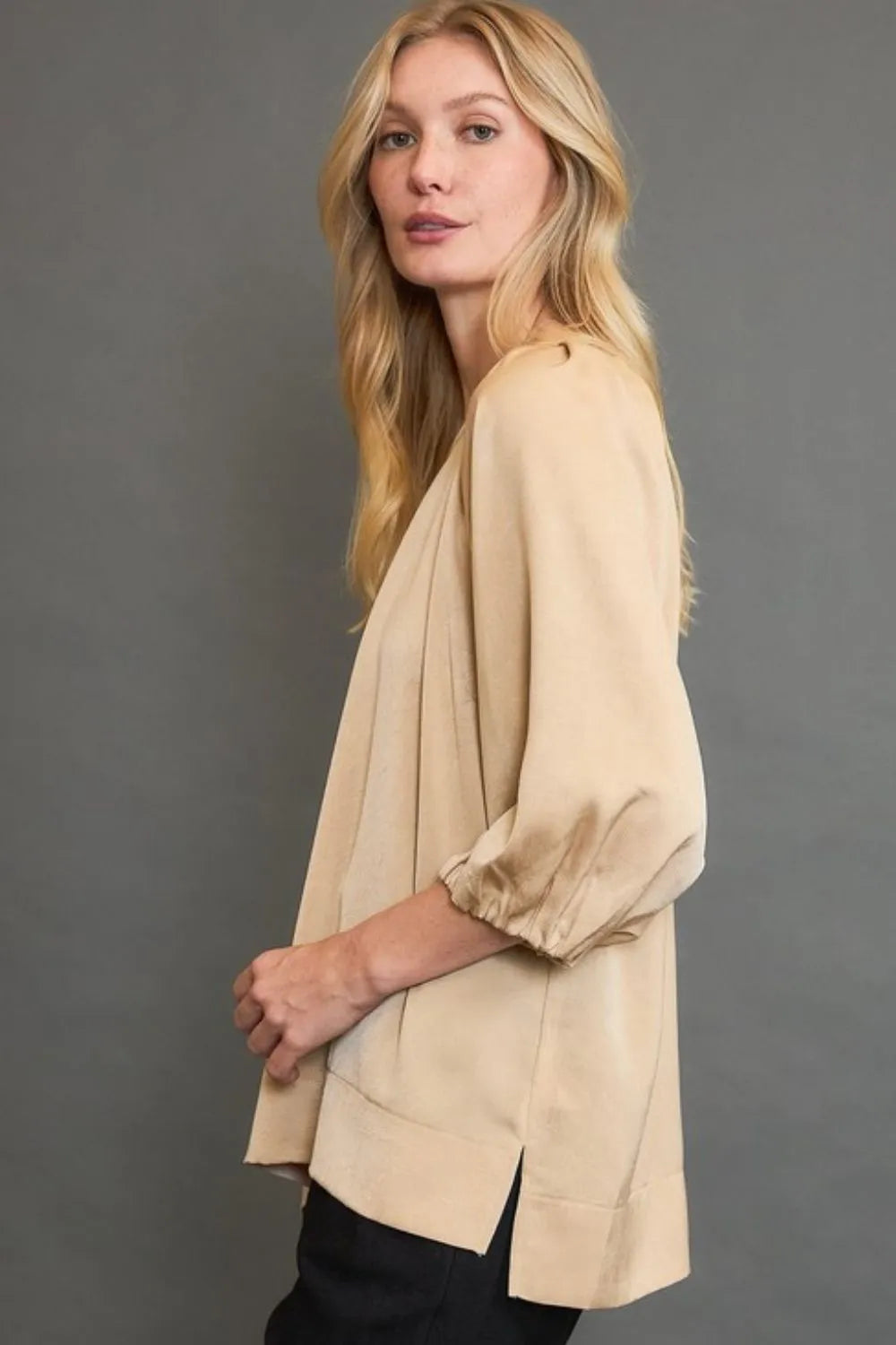 Tan Umgee Full Size Crinkled Satin Top Plus Size