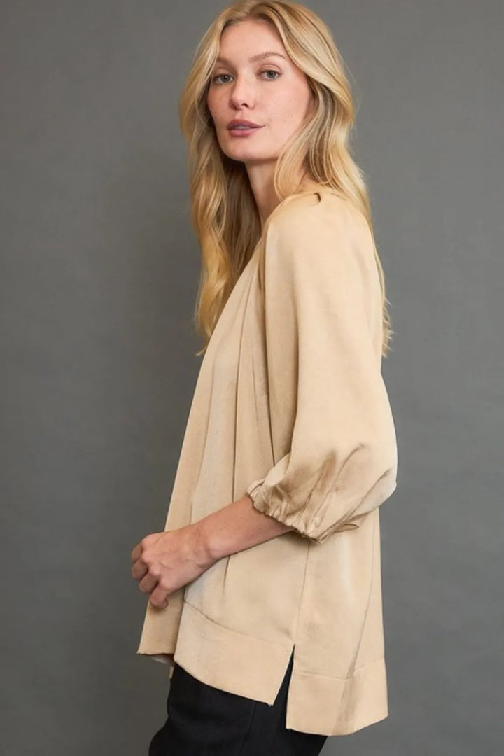 Tan Umgee Full Size Crinkled Satin Top Plus Size