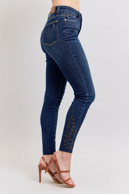 Dark Judy Blue Full Size Embroidered High Rise Skinny Jeans Plus Size