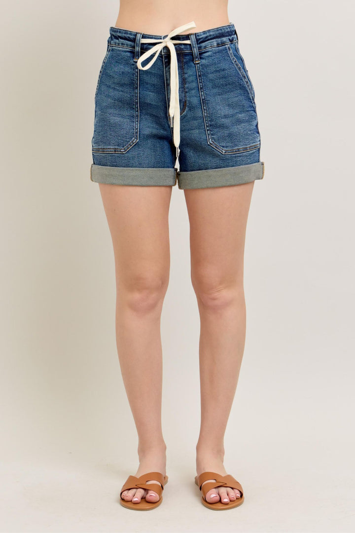 Dark Judy Blue Full Size High Rise Cuff Denim Shorts Plus Size