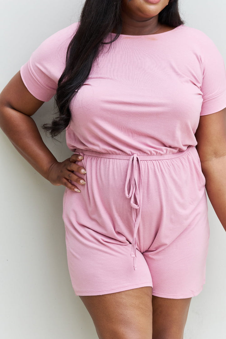 Zenana Chilled Out Full Size Short Sleeve Romper In Light Carnation Pink