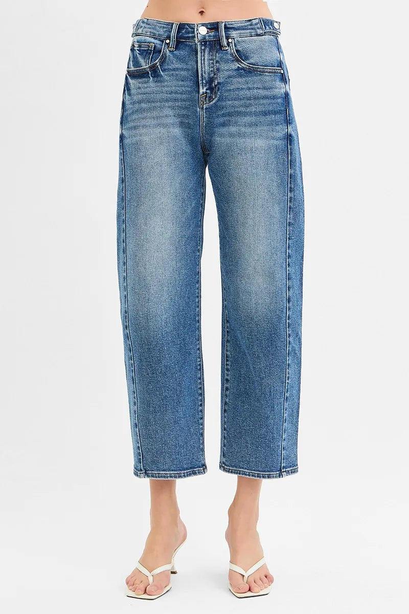 Dark Risen High Rise Crop Length Barrel Adjustable Waist Band Jeans