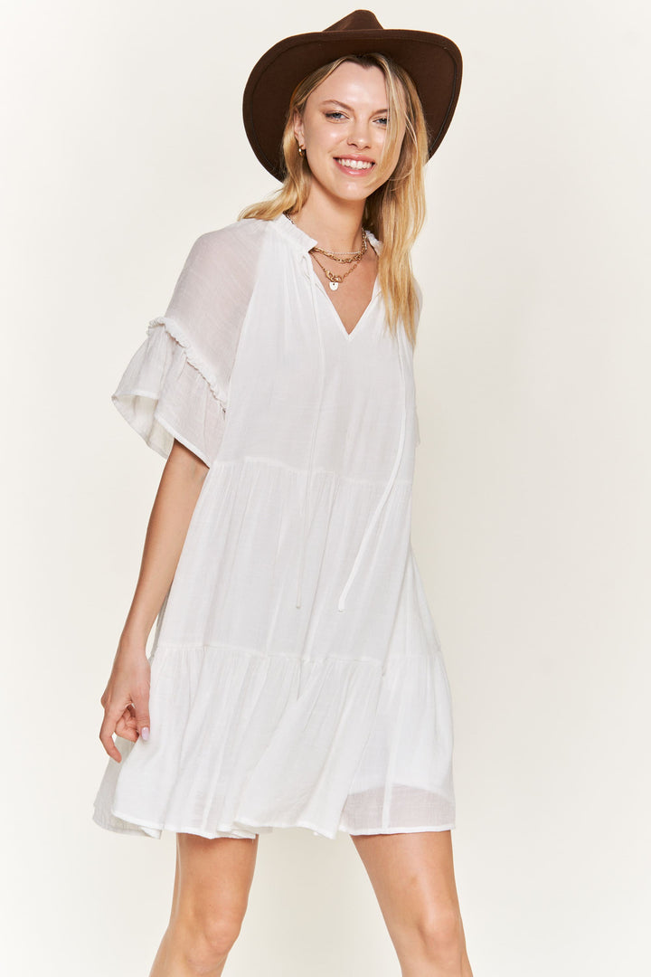 WHITE Ruffled Neck Tiered Mini Dress Jbj1054A