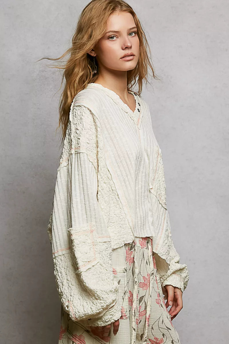 Off White Pol V Neck Long Sleeve Top With Stitch Detail