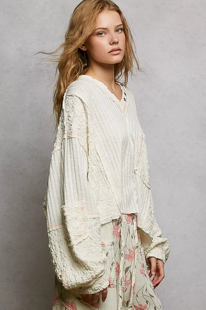 Off White Pol V Neck Long Sleeve Top With Stitch Detail