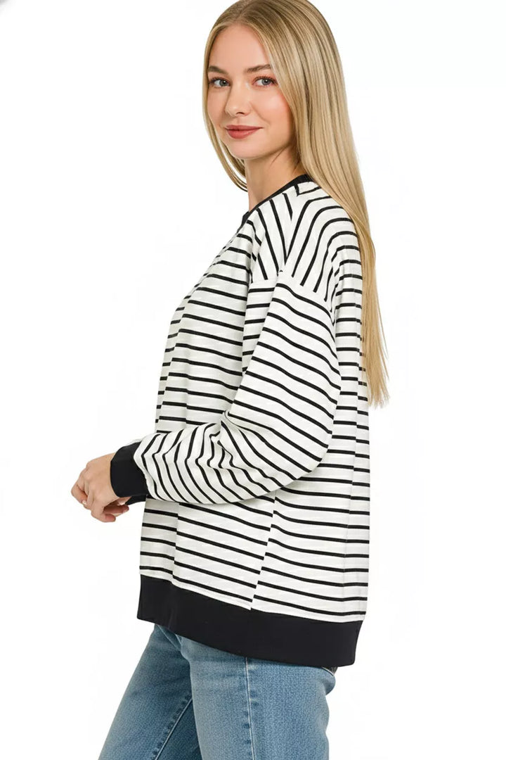 White/Black Zenana Contrast Striped Round Neck Sweatshirt