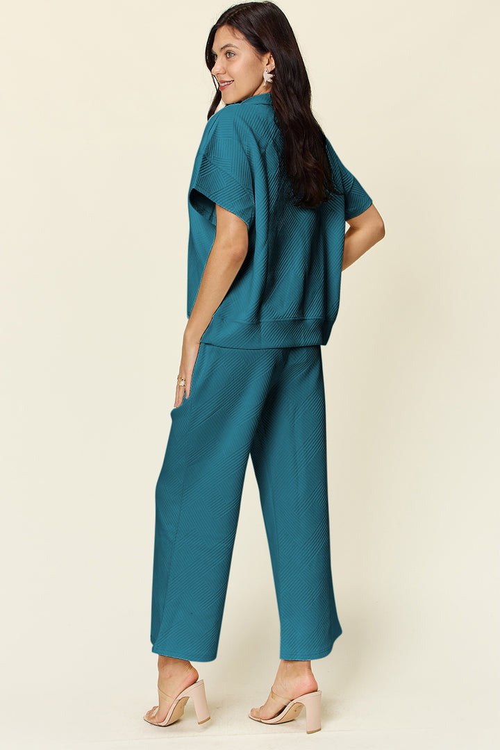 Teal Double Take Full Size Texture Half Zip Short Sleeve Top And Pants Set