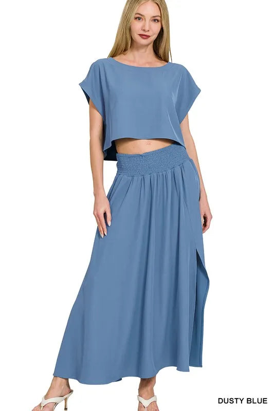 Dusty Blue Zenana Woven Crinkle Gauze Crop Tee And Skirt Set 3