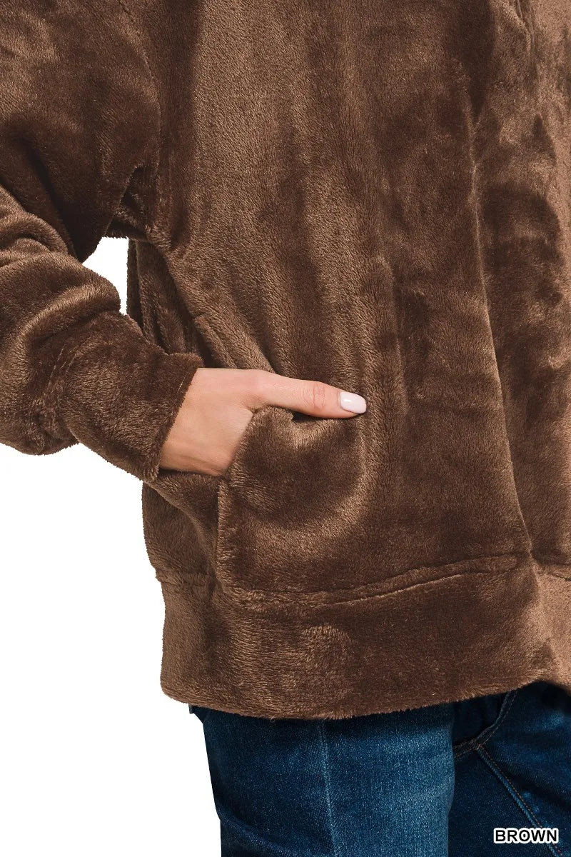 Zenana Faux Fur Half Zip Pocket Pullover 1