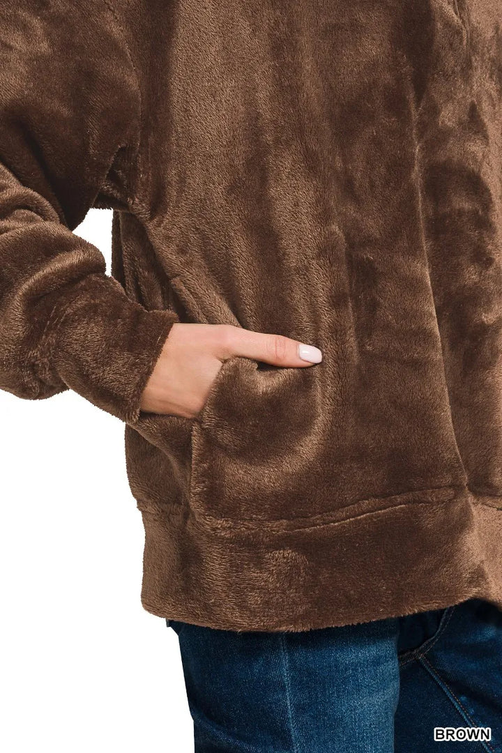 Zenana Faux Fur Half Zip Pocket Pullover 1
