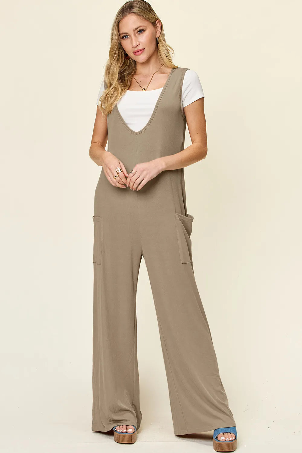 Mocha Double Take Full Size Sleeveless Wide Leg Jumpsuit With Pockets