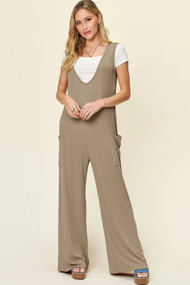 Mocha Double Take Full Size Sleeveless Wide Leg Jumpsuit With Pockets