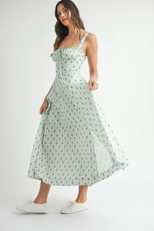 Mint Mable Floral Print Bustier Back Lace Up Midi Dress