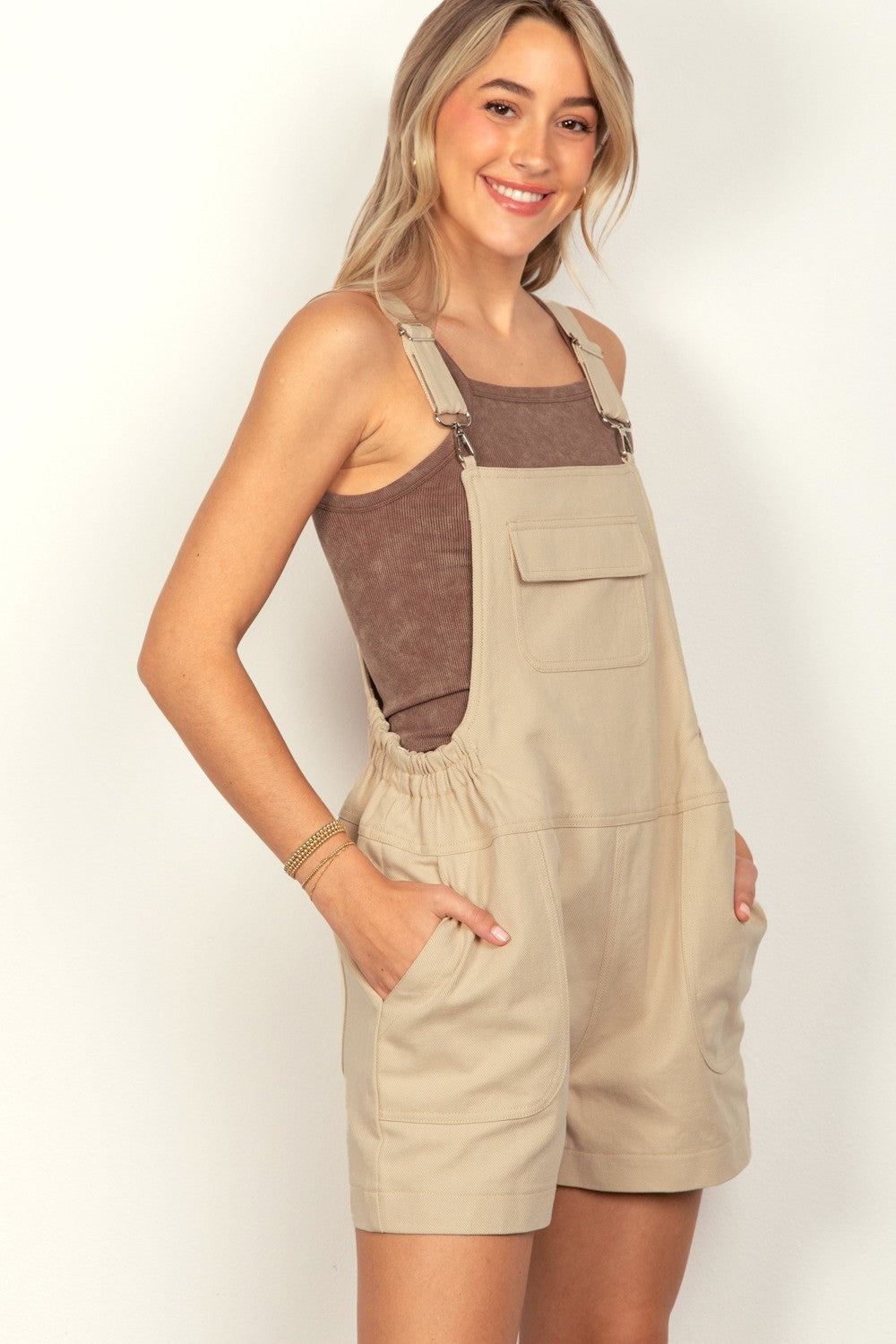 Beige Very J Adjustable Suspender Overalls With Pockets 1
