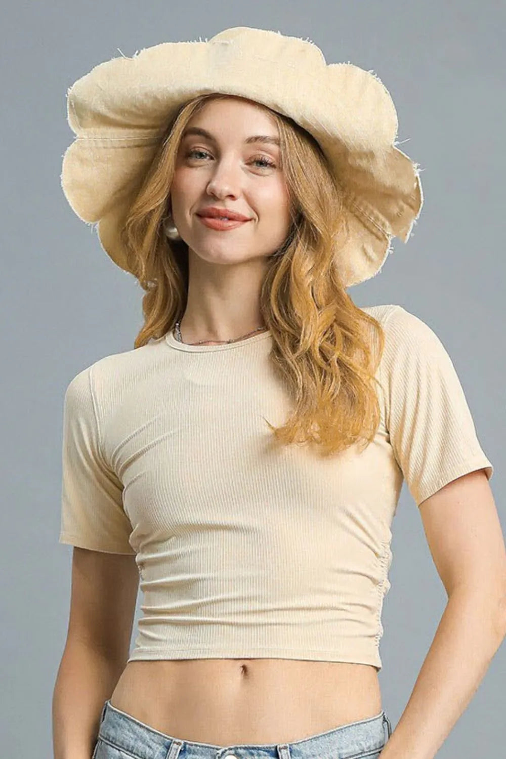 Tan Umgee Ruched Round Neck Short Sleeve Crop T Shirt