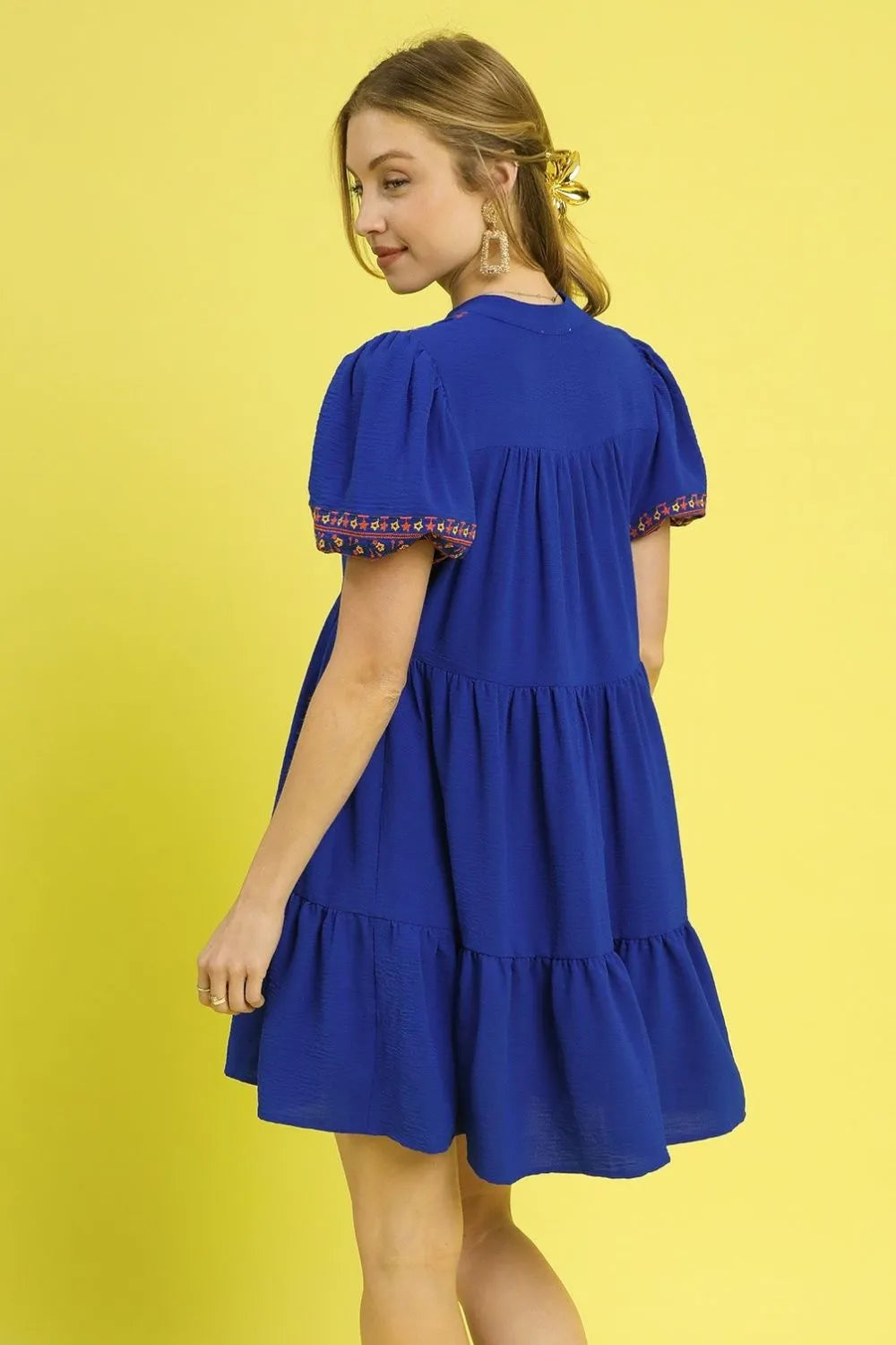 Dark Blue Umgee Floral Trim Puff Sleeve Mini Dress