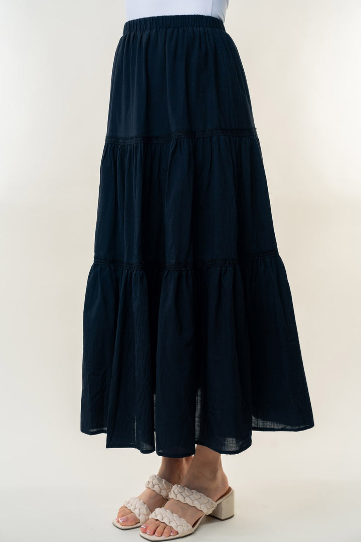 Black White Birch High Waisted Tiered Maxi Skirt