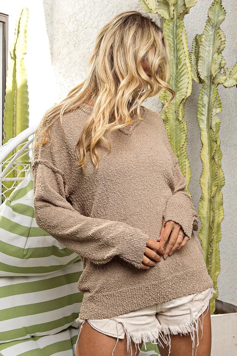 Bibi Raw Edged Popcorn Texture V Neck Sweater
