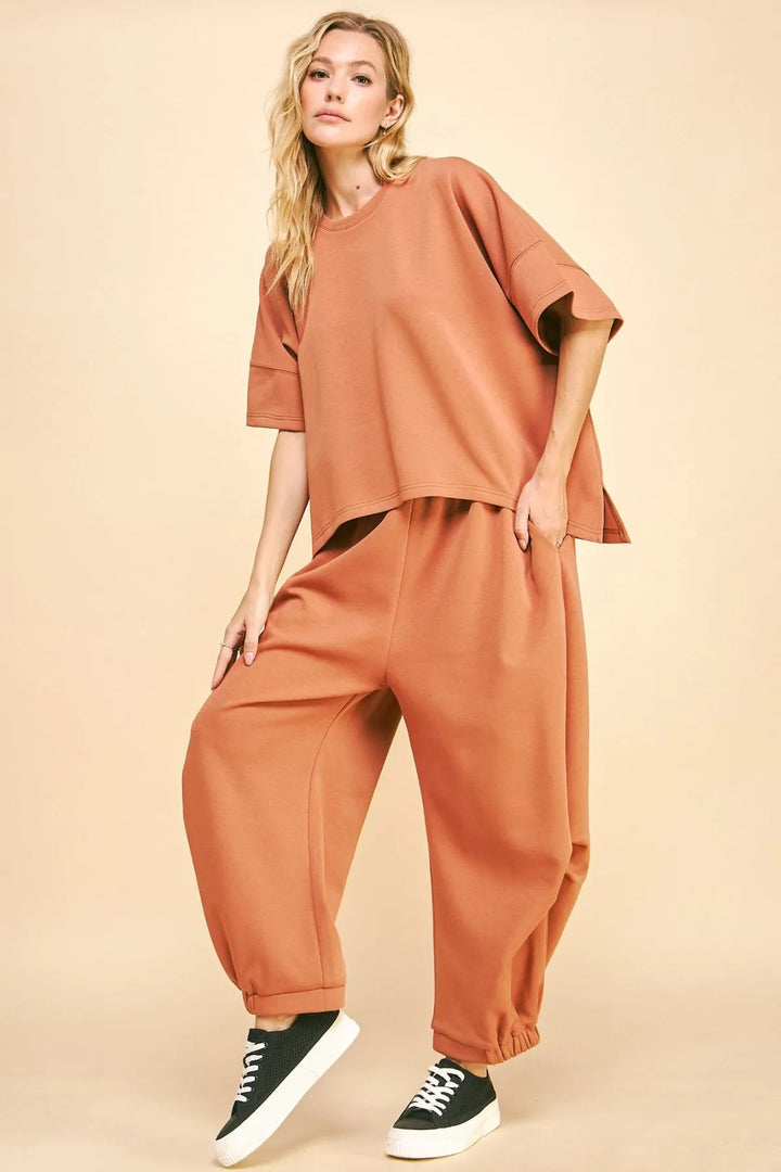 Sun Burn Brown Davi Dani Flowy Top And Elastic Waist Band Pants Set