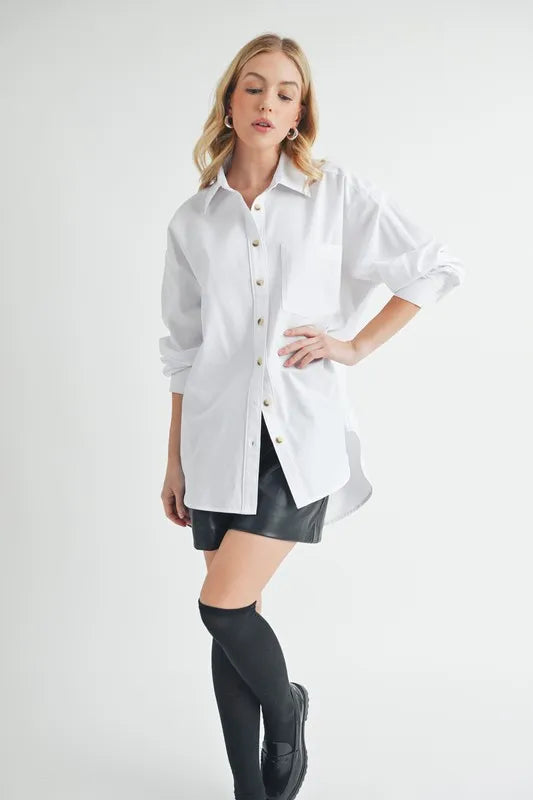 White Aemi Co High Low Collared Neck Drop Shoulder Shirt