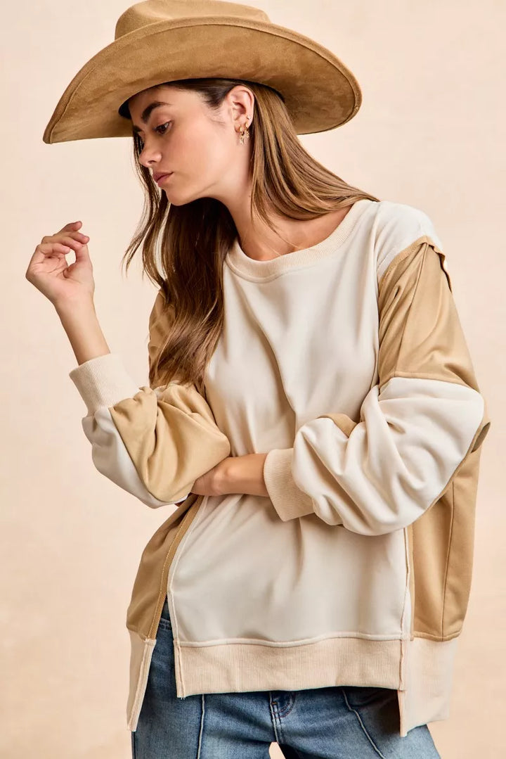 Ivory/Sand Bibi French Terry Color Block Top With Open Seam Detail