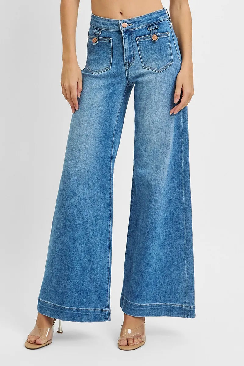 Medium Risen Full Size Mid Rise Wide Front Patch Pocket Jeans Plus Size