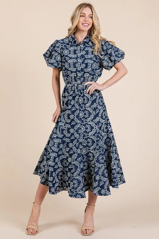 Navy Geegee Natural Leaf Pattern Eyelet Lace Puff Sleeve Dress