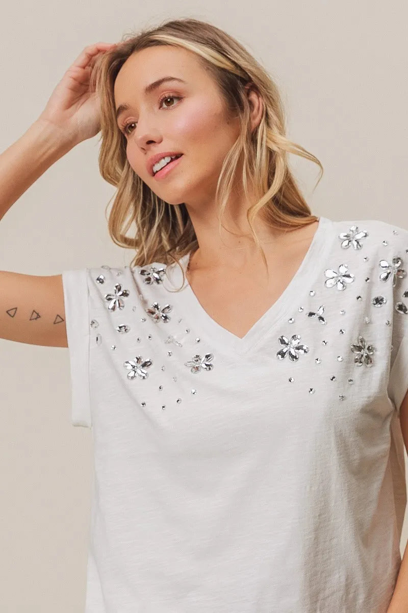 Off White Bibi Slub Jersey Rhinestone V Neck Top
