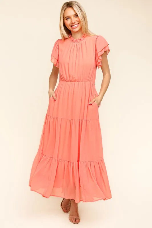 Peach Haptics Full Size Tiered Frill Mock Neck Short Sleeve Dress