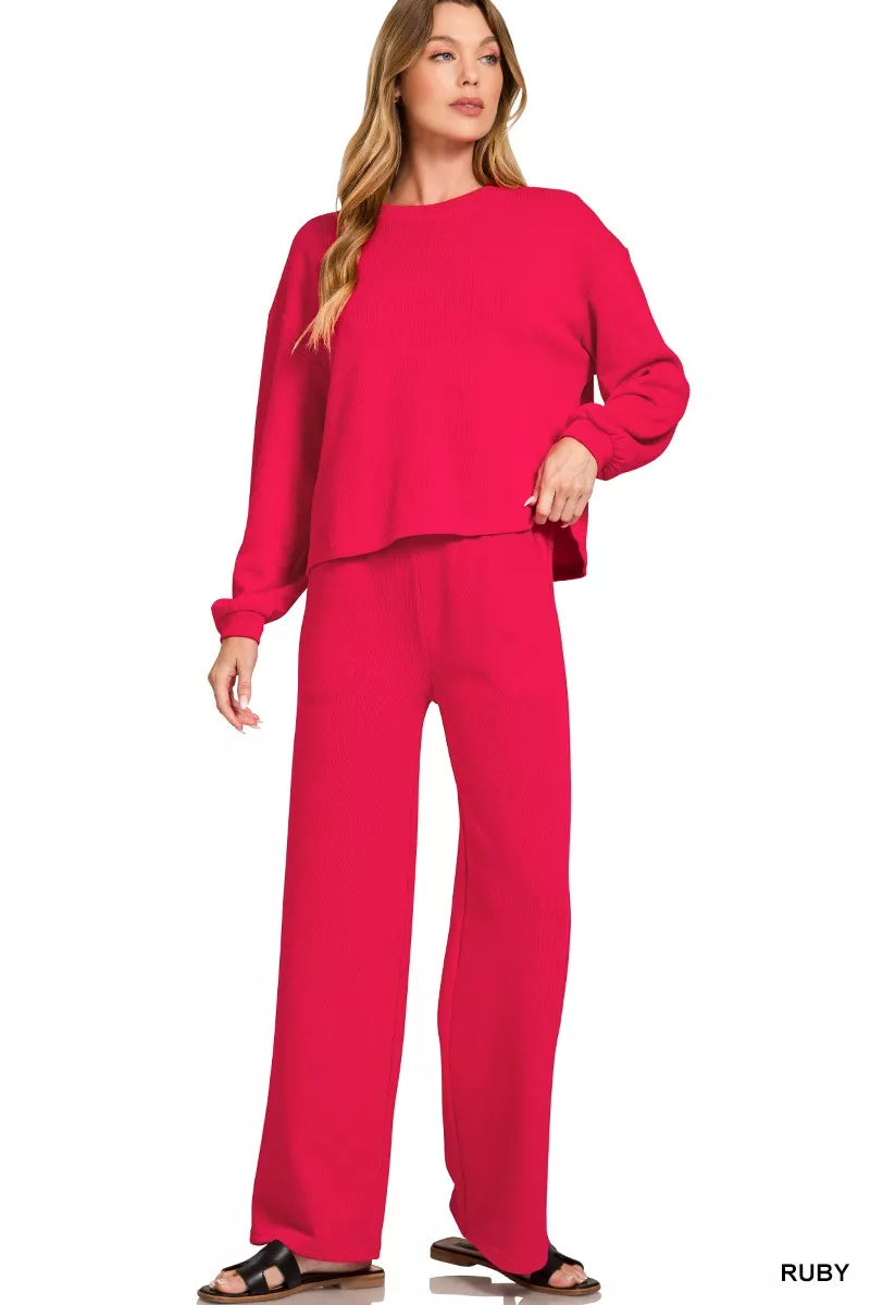 Ruby Zenana French Rib Pullover And Pants Set