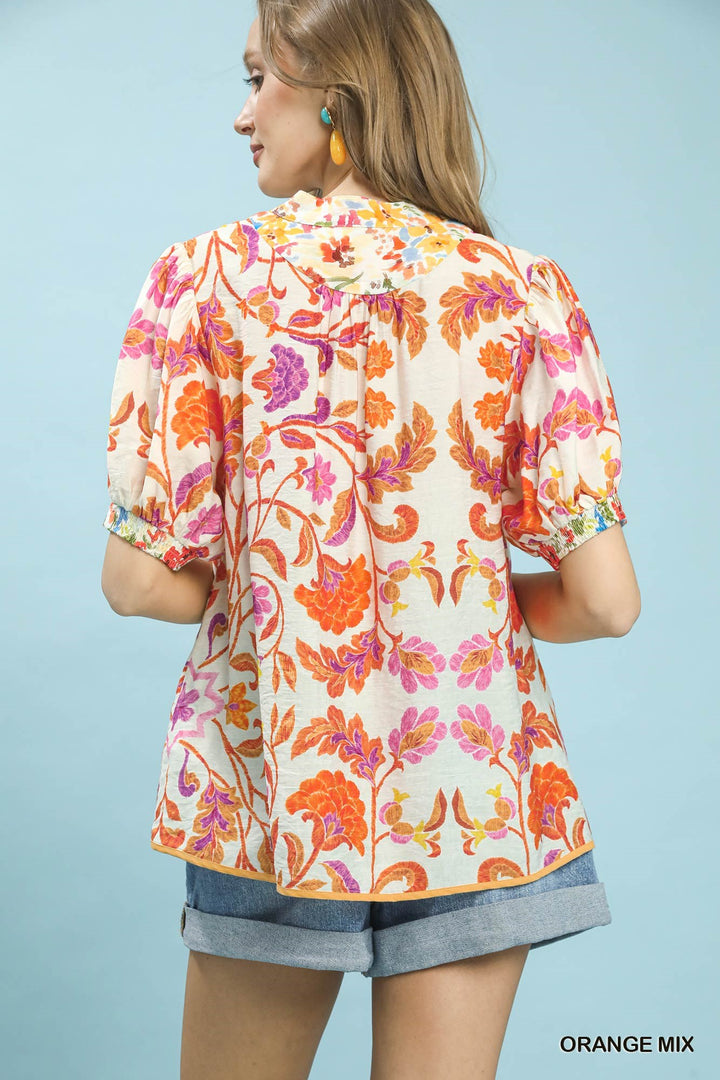 Orange Mix Umgee Mix Floral Split Neck Short Sleeve Top