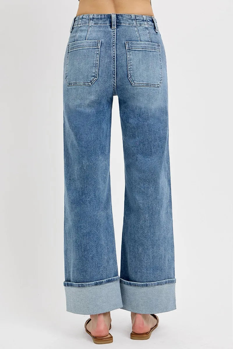 Medium Risen High Rise Ankle Wide Button Patch Pocket Cuffed Jeans