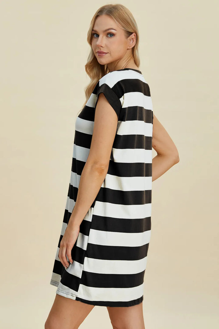 Black Basic Bae Full Size Striped Round Neck Cap Sleeve Mini Dress