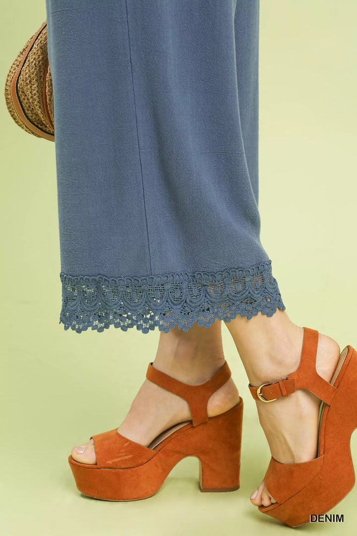 Umgee Linen Wide Leg Cropped Pants With Lace Trim 1