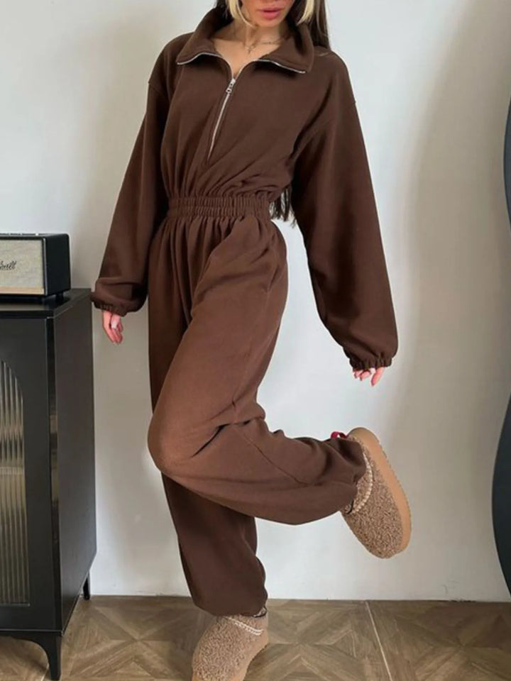 Brown Zip Front Long Sleeve Jumpsuit