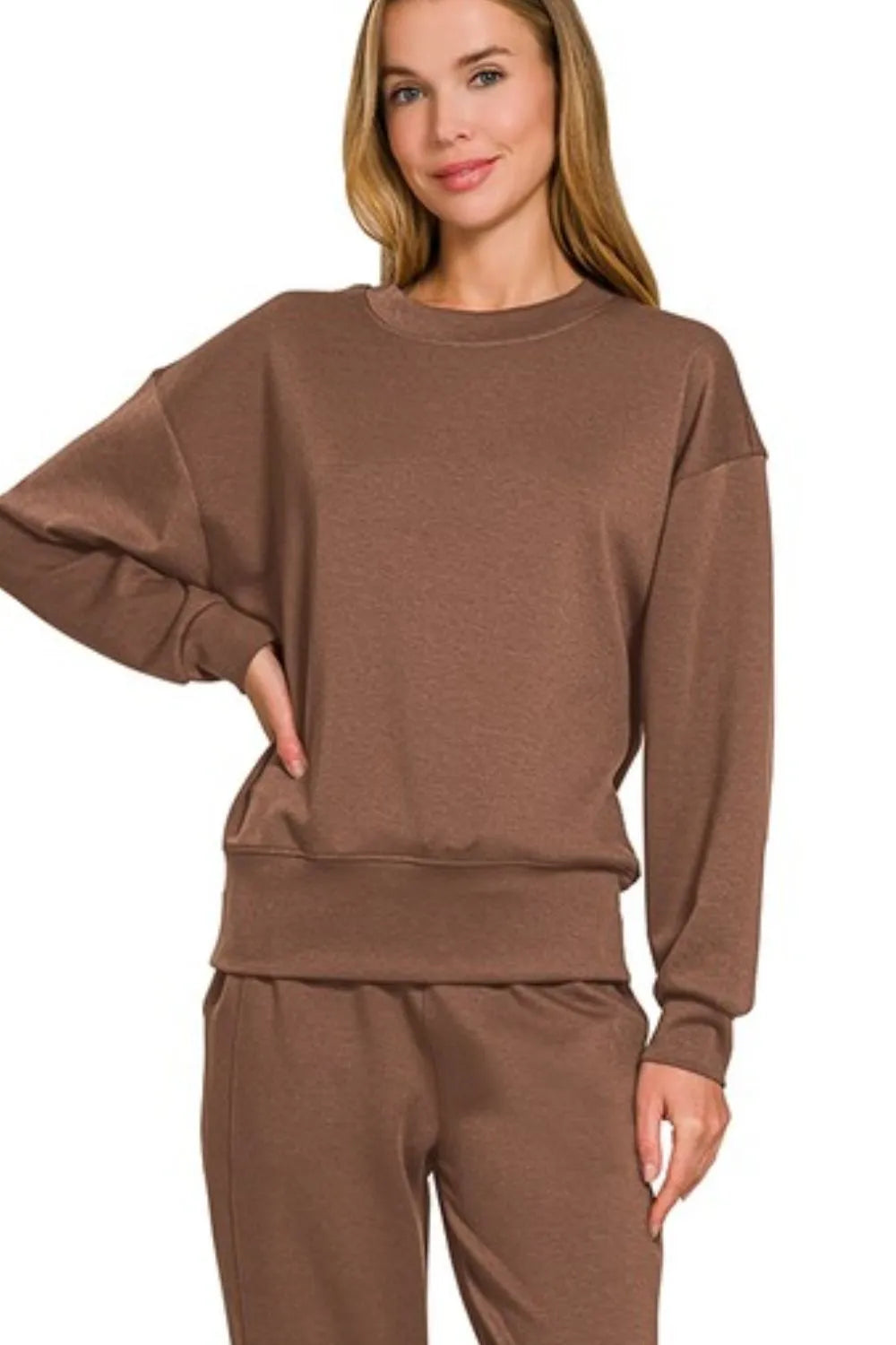 Brown Zenana Scuba Crewneck Pullover Joggers 2 Pieces Set 2