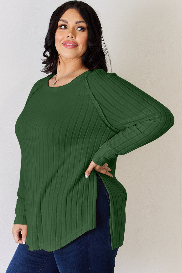 Light Gray Basic Bae Full Size Ribbed Round Neck Slit T Shirt
