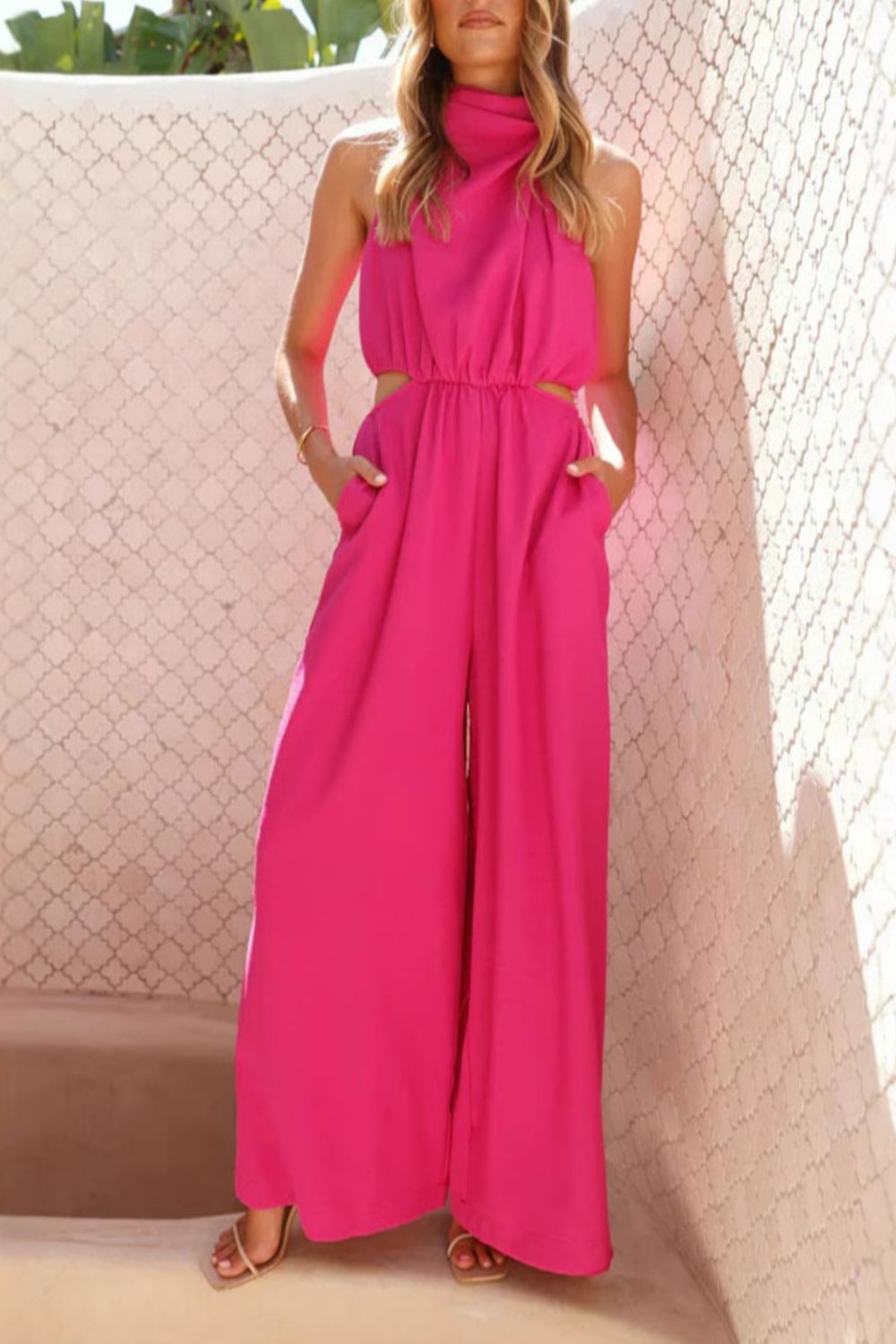 Red Cutout Sleeveless Wide Leg Jumpsuit