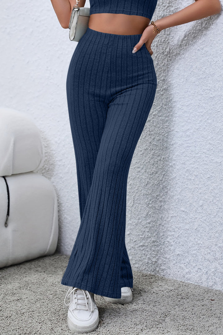Dark Blue Basic Bae Full Size Ribbed High Waist Flare Pants