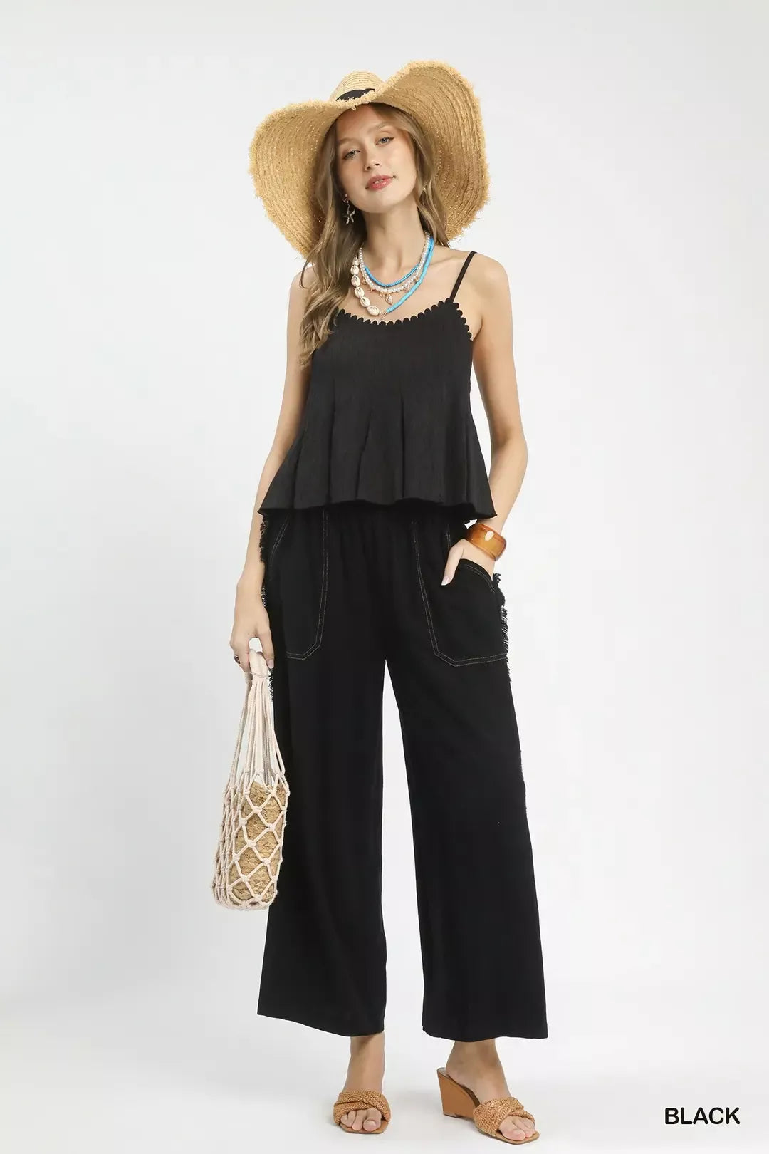 Linen Frayed Side Pocket Wide Leg Pants