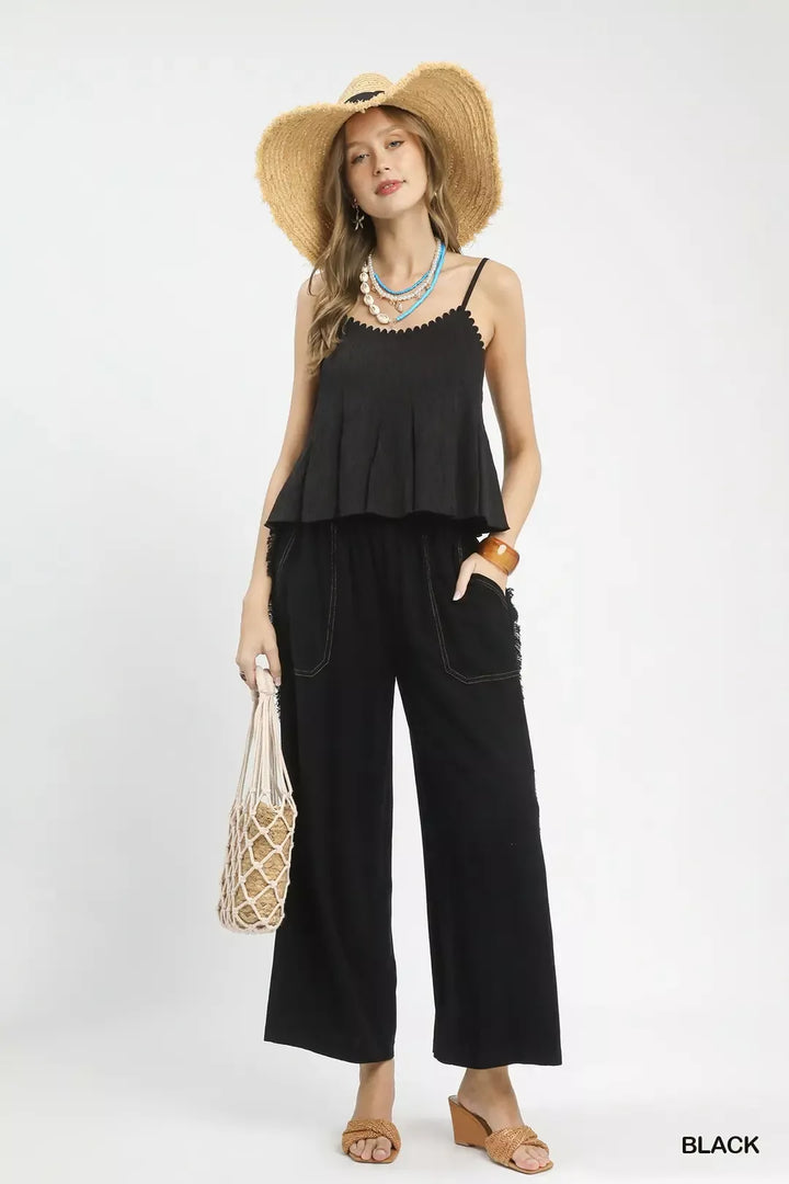 Linen Frayed Side Pocket Wide Leg Pants