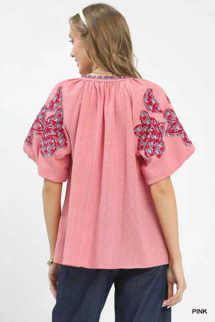 Pink Umgee Embroidered Sleeve Contrast Trim Top 1