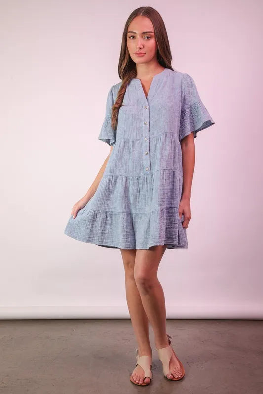 Very J Mineral Washed Baby Bell Sleeve Woven Mini Dress
