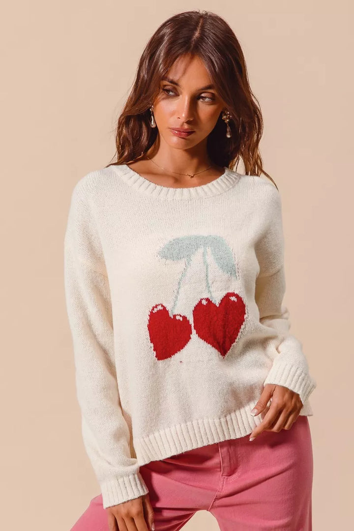Ivory So Me Heart Cherry Knitted Valentine Sweater Top