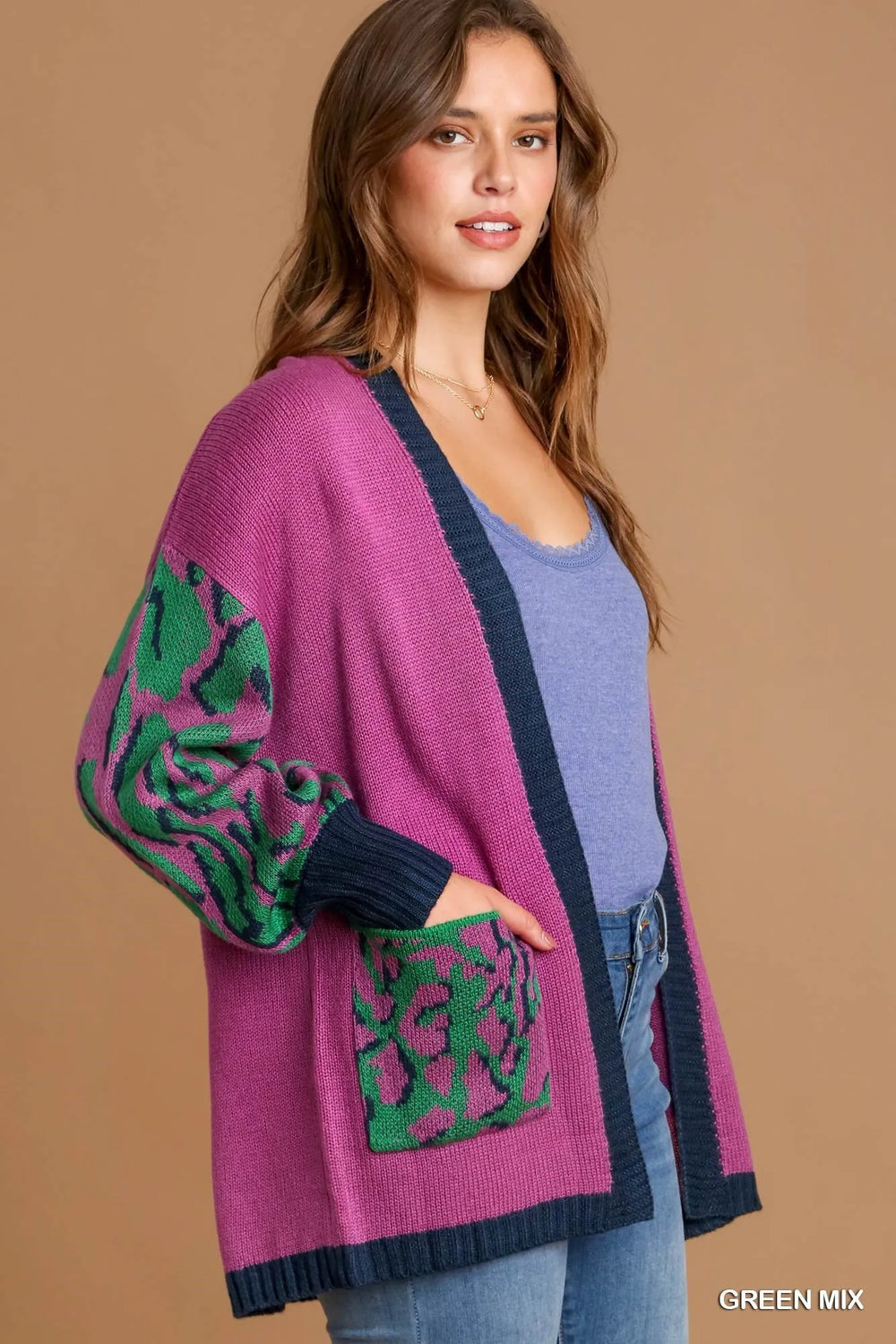 Green Mix Umgee Animal Print Open Front Sweater Cardigan 1