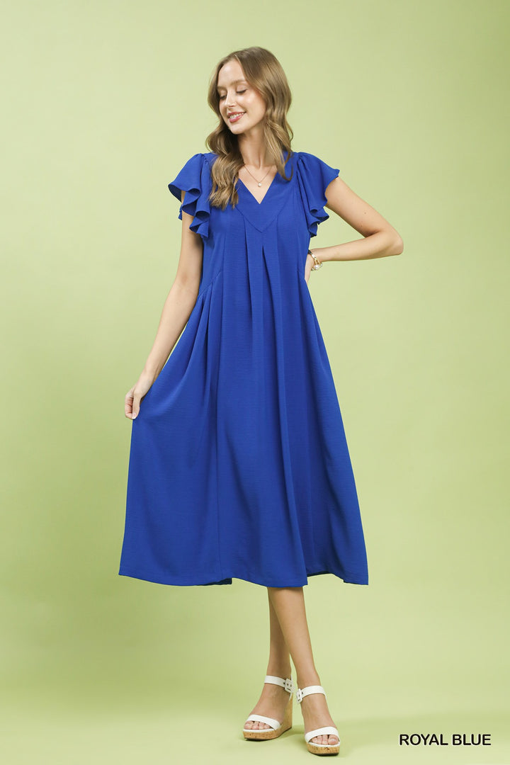 Umgee Ruffle Sleeve V Neck Midi Dress