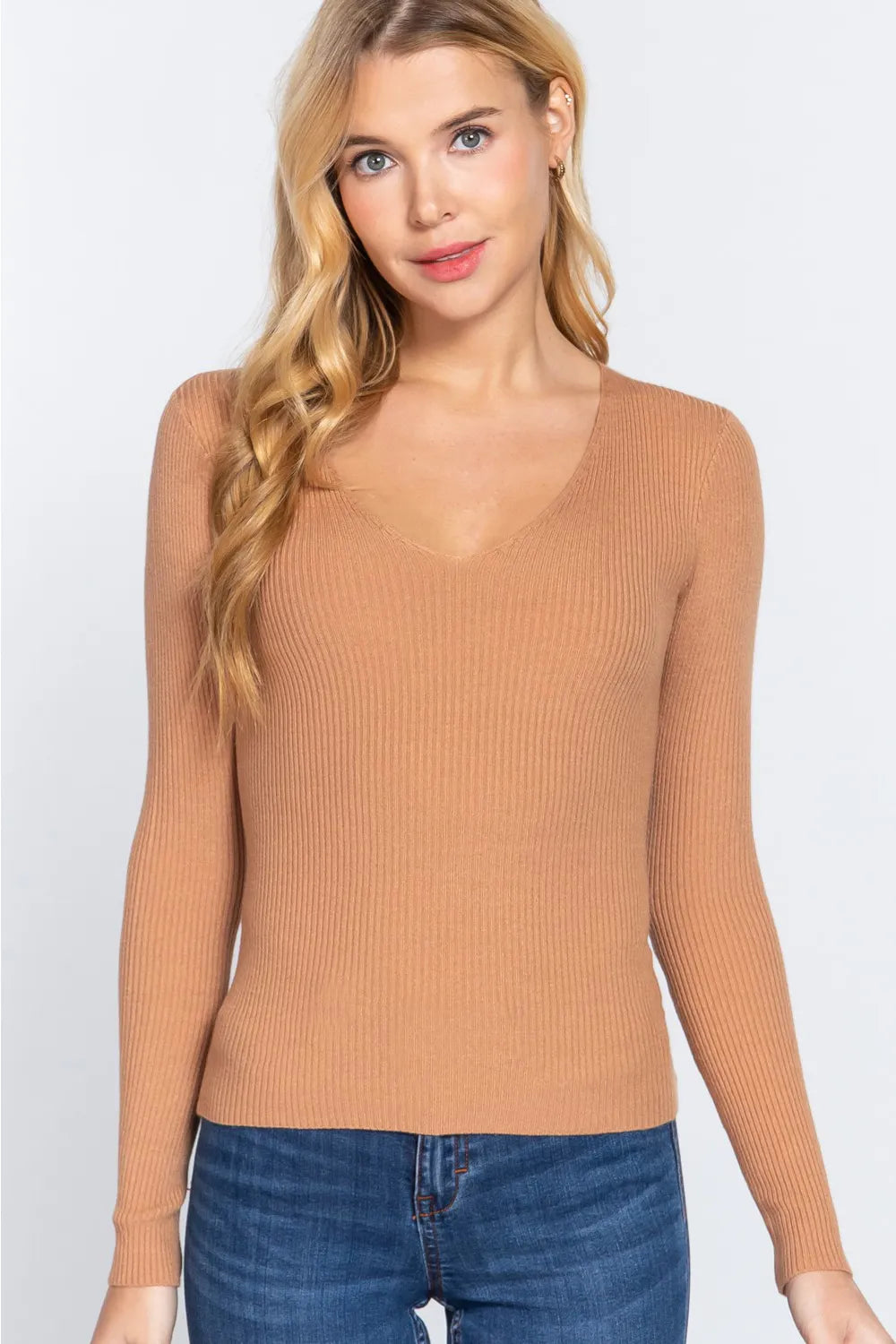 Khaki Active Basic V Neck Fitted Viscose Rib Knit Top