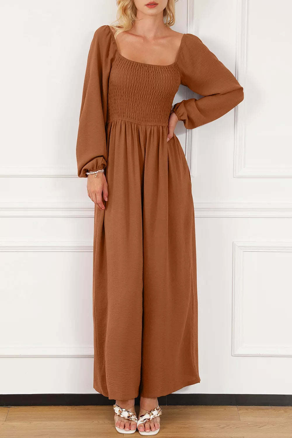 Caramel Boho Smocked Square Neck Wide Leg Jumpsuit