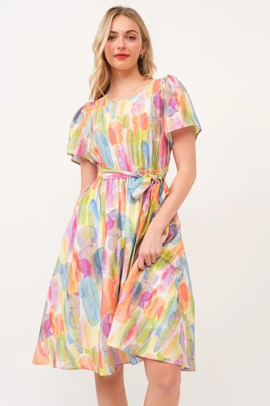 Lime N Chili Watercolor Print Tie Front Midi Dress